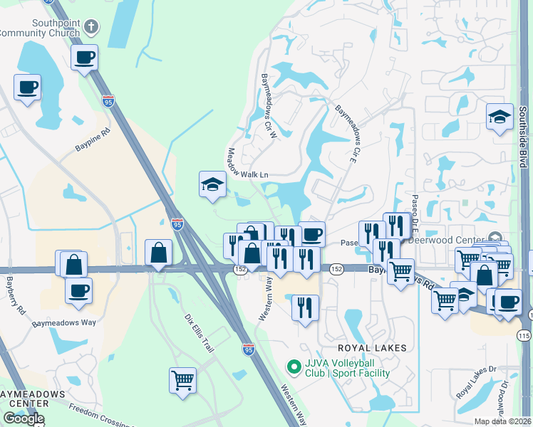 map of restaurants, bars, coffee shops, grocery stores, and more near 7981 Baymeadows Circle West in Jacksonville