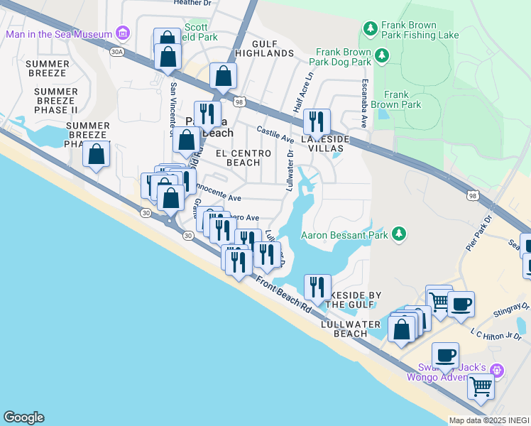 map of restaurants, bars, coffee shops, grocery stores, and more near 16804 Junipero Avenue in Panama City Beach