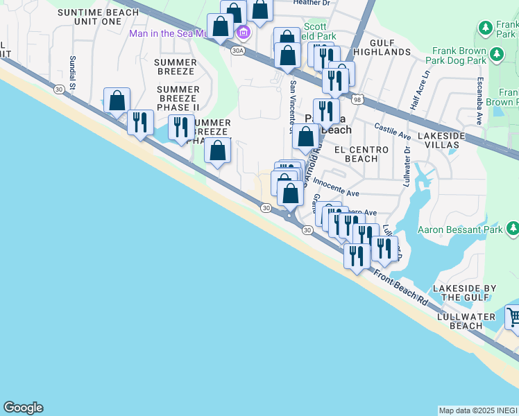 map of restaurants, bars, coffee shops, grocery stores, and more near 17175 Front Beach Road in Panama City Beach