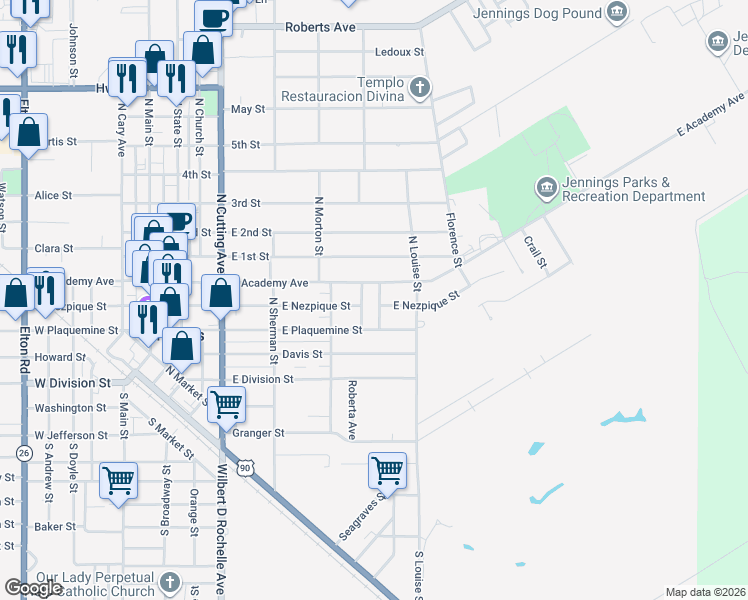 map of restaurants, bars, coffee shops, grocery stores, and more near 600-698 E Nezpique St in Jennings