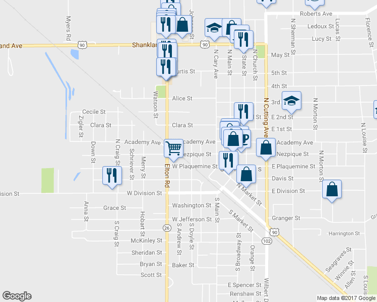 map of restaurants, bars, coffee shops, grocery stores, and more near 402 West Nezpique Street in Jennings