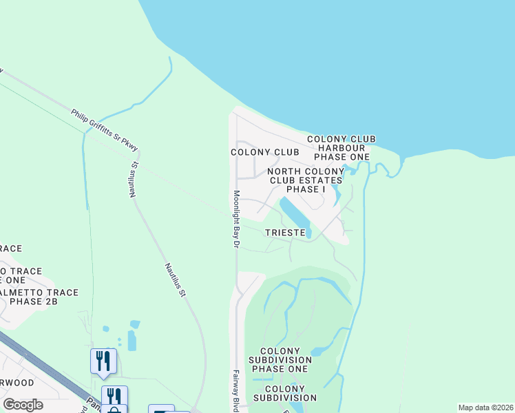 map of restaurants, bars, coffee shops, grocery stores, and more near 105 Trieste Boulevard in Panama City Beach