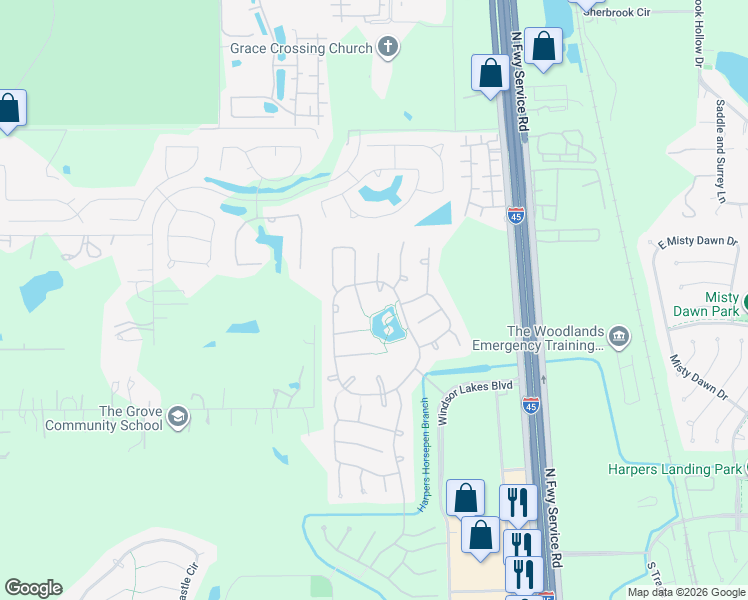 map of restaurants, bars, coffee shops, grocery stores, and more near 111 Bagpipe Way in The Woodlands