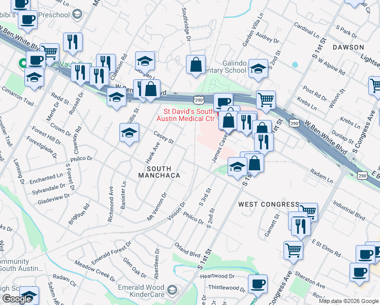map of restaurants, bars, coffee shops, grocery stores, and more near 904 Saint Elmo Circle in Austin