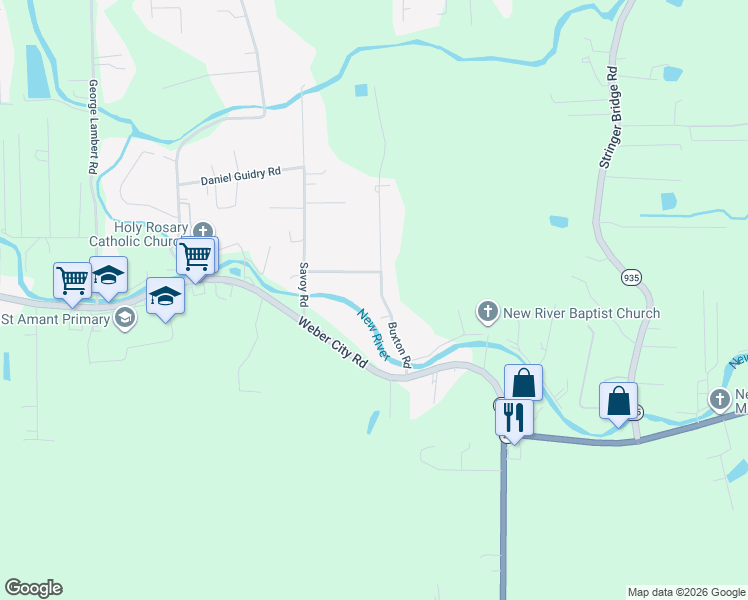 map of restaurants, bars, coffee shops, grocery stores, and more near 10517 Buxton Road in Saint Amant