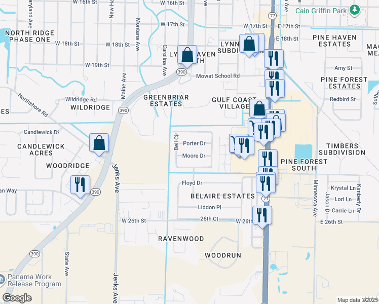 map of restaurants, bars, coffee shops, grocery stores, and more near 328 Moore Drive in Lynn Haven