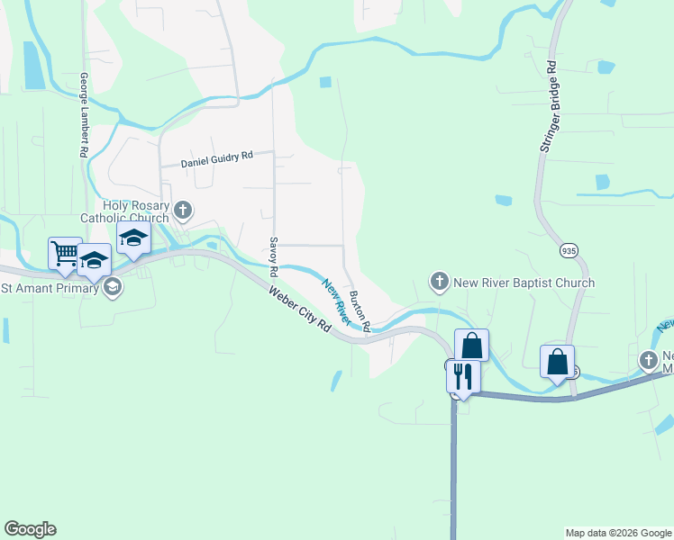 map of restaurants, bars, coffee shops, grocery stores, and more near 10517 Buxton Road in Saint Amant
