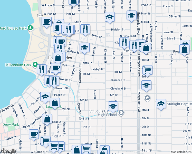 map of restaurants, bars, coffee shops, grocery stores, and more near 721 Clarence Street in Lake Charles