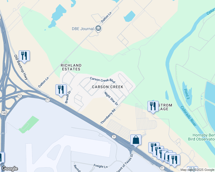 map of restaurants, bars, coffee shops, grocery stores, and more near 1402 Cool Shadow Drive in Del Valle