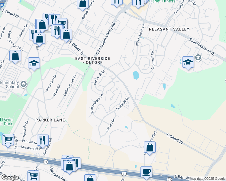 map of restaurants, bars, coffee shops, grocery stores, and more near 2501 Wickersham Lane in Austin