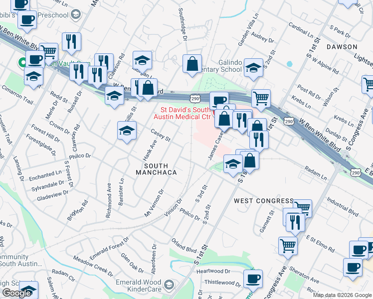 map of restaurants, bars, coffee shops, grocery stores, and more near 904 Saint Elmo Circle in Austin