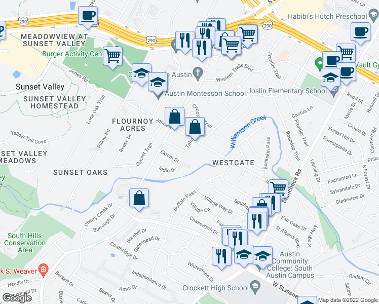 map of restaurants, bars, coffee shops, grocery stores, and more near 5207 Tahoe Trail in Austin