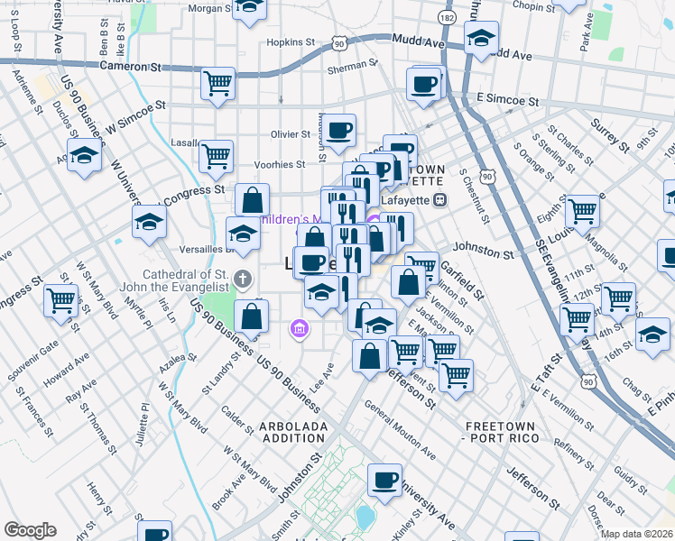 map of restaurants, bars, coffee shops, grocery stores, and more near 101 West Vermilion Street in Lafayette