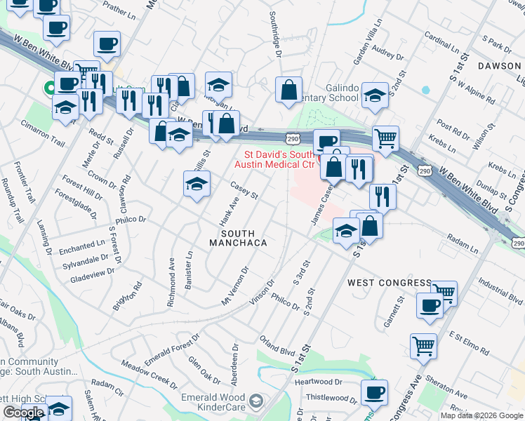 map of restaurants, bars, coffee shops, grocery stores, and more near 4405 Jinx Avenue in Austin