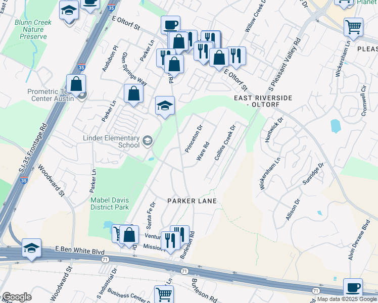 map of restaurants, bars, coffee shops, grocery stores, and more near 2707 Princeton Drive in Austin
