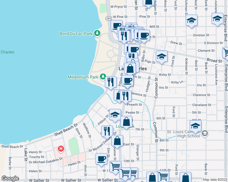 map of restaurants, bars, coffee shops, grocery stores, and more near 219 Clarence Street in Lake Charles