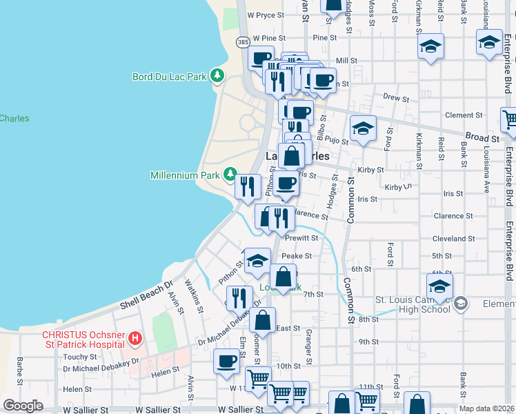 map of restaurants, bars, coffee shops, grocery stores, and more near 215 Clarence Street in Lake Charles