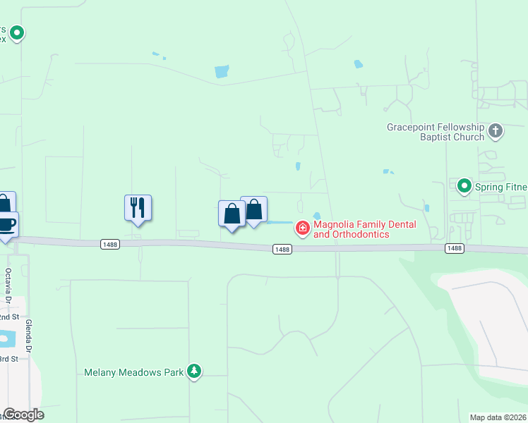 map of restaurants, bars, coffee shops, grocery stores, and more near 10303 Pecan Hollow Road in Magnolia