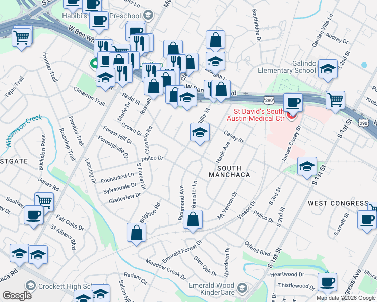 map of restaurants, bars, coffee shops, grocery stores, and more near 4505 Gillis Street in Austin