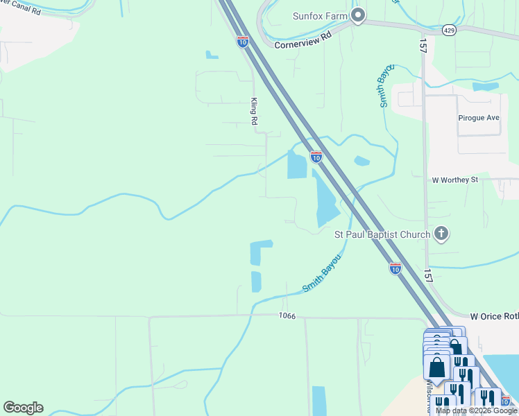 map of restaurants, bars, coffee shops, grocery stores, and more near 10595 Shadow Lake Drive in Geismar