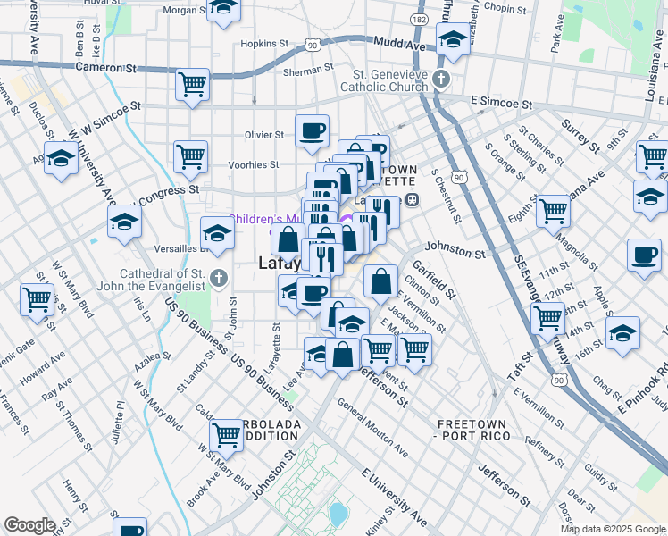 map of restaurants, bars, coffee shops, grocery stores, and more near 116 East Vermilion Street in Lafayette