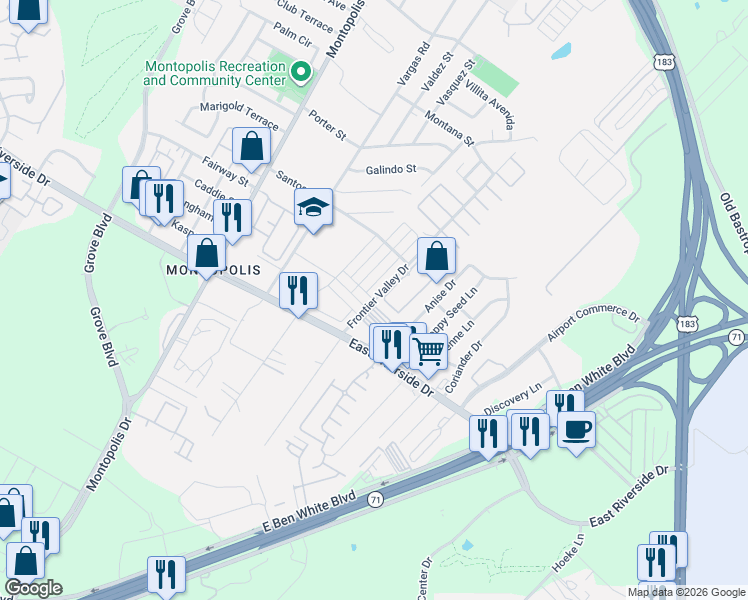 map of restaurants, bars, coffee shops, grocery stores, and more near 1805 Frontier Valley Drive in Austin