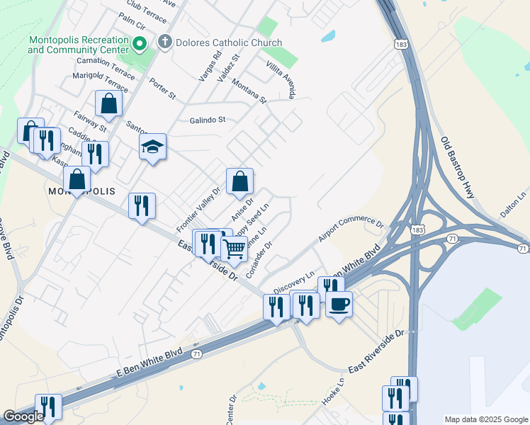 map of restaurants, bars, coffee shops, grocery stores, and more near 7528 Cayenne Lane in Austin