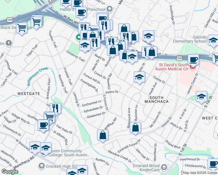 map of restaurants, bars, coffee shops, grocery stores, and more near 4614 Philco Drive in Austin