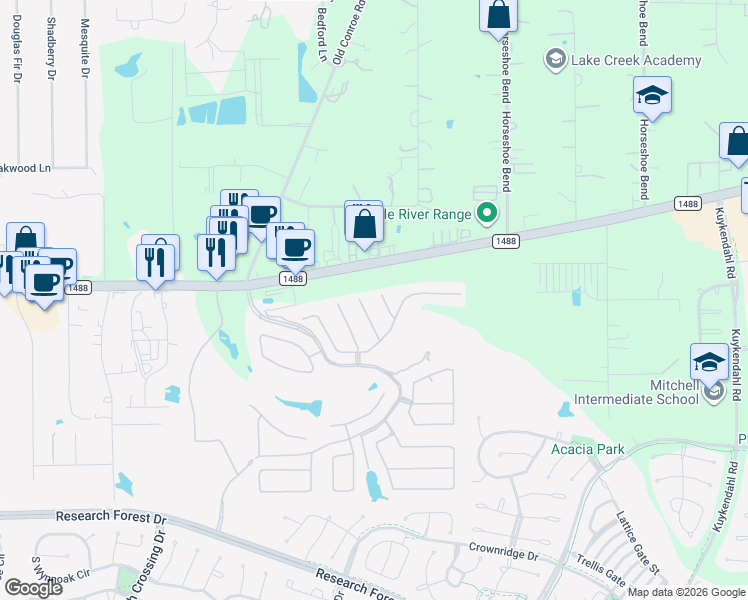 map of restaurants, bars, coffee shops, grocery stores, and more near 240 Palomino Court in Spring