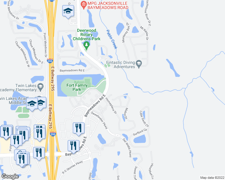 map of restaurants, bars, coffee shops, grocery stores, and more near 8475 Baymeadows Road East in Jacksonville
