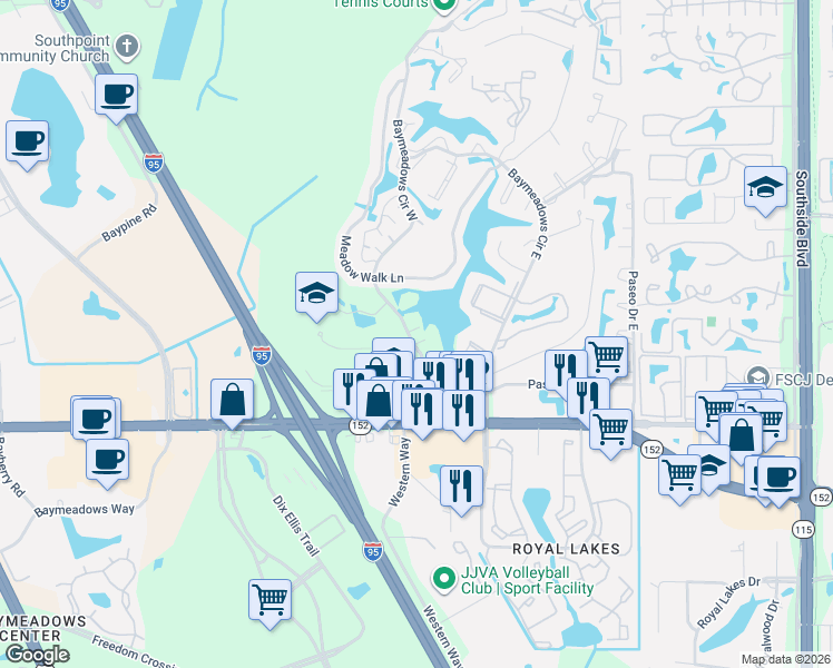 map of restaurants, bars, coffee shops, grocery stores, and more near 7981 Baymeadows Circle West in Jacksonville