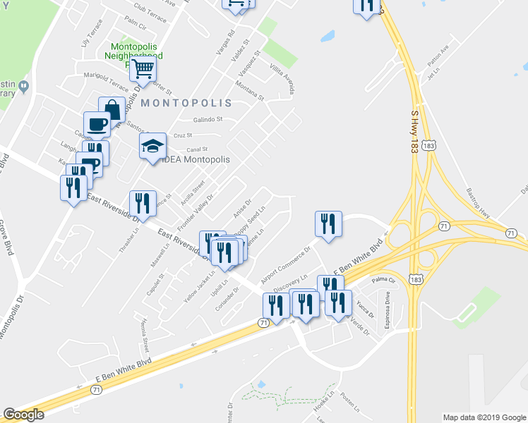 map of restaurants, bars, coffee shops, grocery stores, and more near 7528 Cayenne Lane in Austin