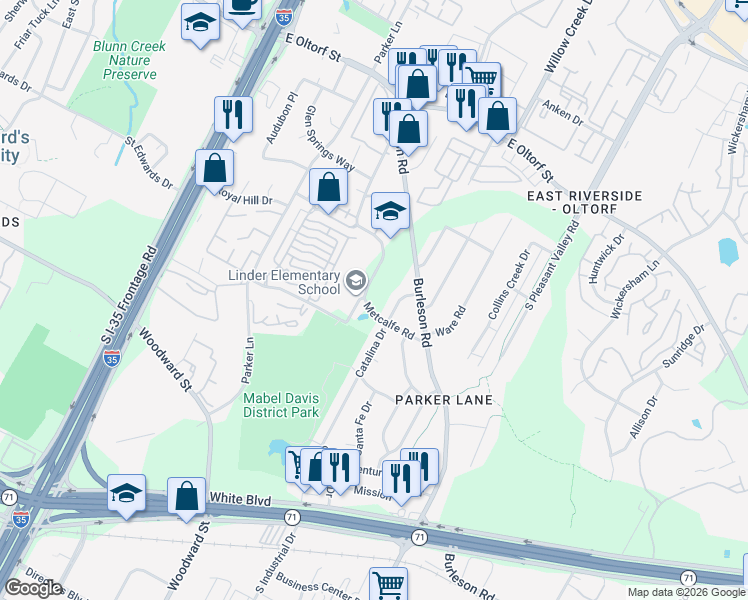 map of restaurants, bars, coffee shops, grocery stores, and more near 2829 Metcalfe Road in Austin