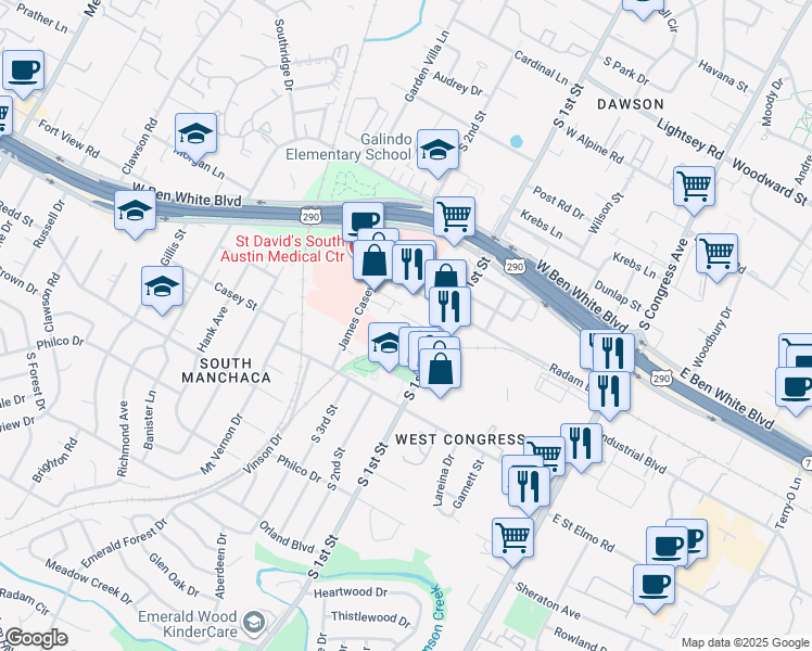 map of restaurants, bars, coffee shops, grocery stores, and more near 703 Clifford Drive in Austin