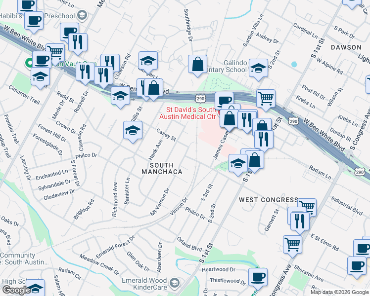 map of restaurants, bars, coffee shops, grocery stores, and more near 904 Saint Elmo Circle in Austin