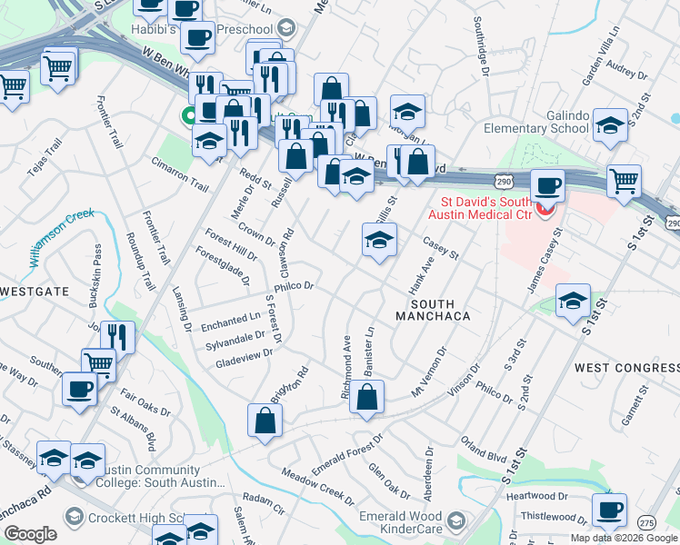 map of restaurants, bars, coffee shops, grocery stores, and more near 4505 Banbury Bend in Austin