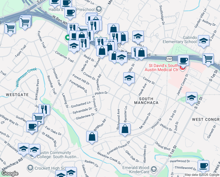 map of restaurants, bars, coffee shops, grocery stores, and more near 4505 Banbury Bend in Austin