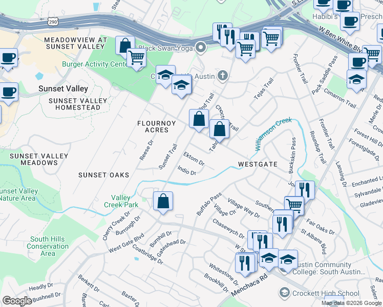 map of restaurants, bars, coffee shops, grocery stores, and more near 2617 Ektom Drive in Austin