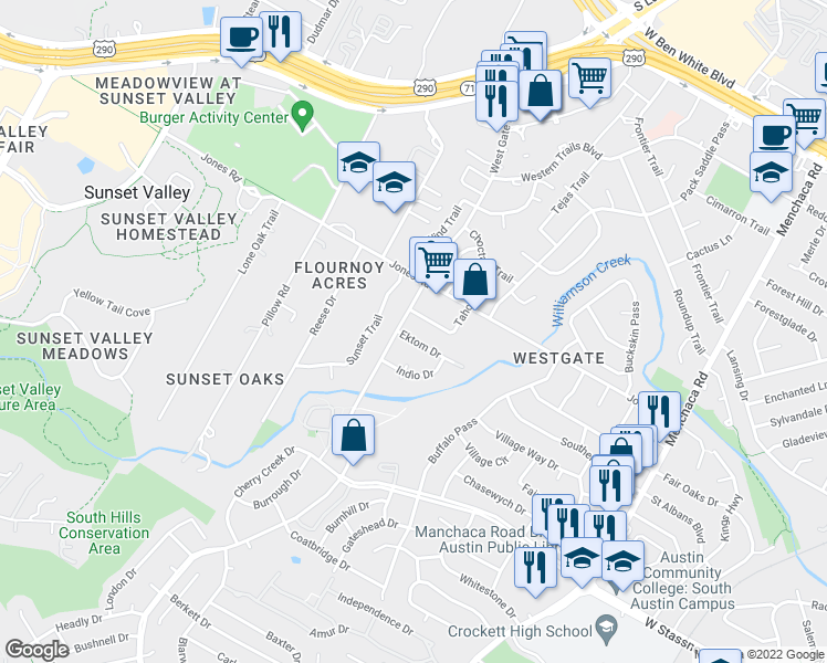 map of restaurants, bars, coffee shops, grocery stores, and more near 2618 Ektom Drive in Austin
