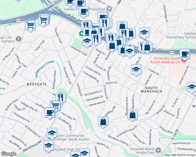map of restaurants, bars, coffee shops, grocery stores, and more near 1603 Forest Hill Drive in Austin