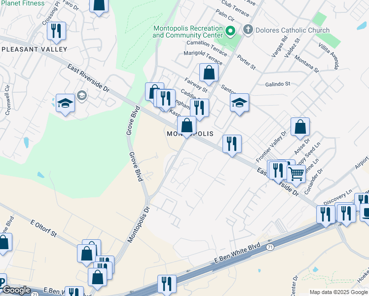 map of restaurants, bars, coffee shops, grocery stores, and more near 2101 Montopolis Drive in Austin
