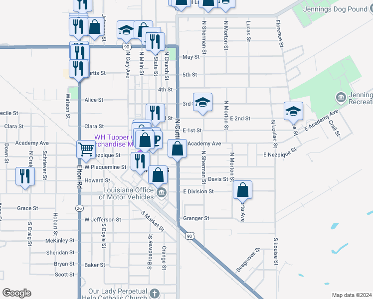 map of restaurants, bars, coffee shops, grocery stores, and more near in Jennings