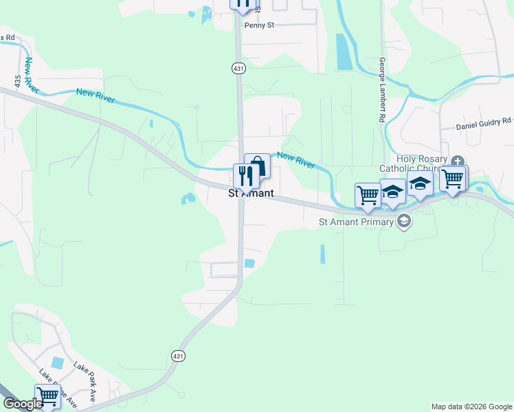 map of restaurants, bars, coffee shops, grocery stores, and more near 44047 Louisiana 429 in Saint Amant
