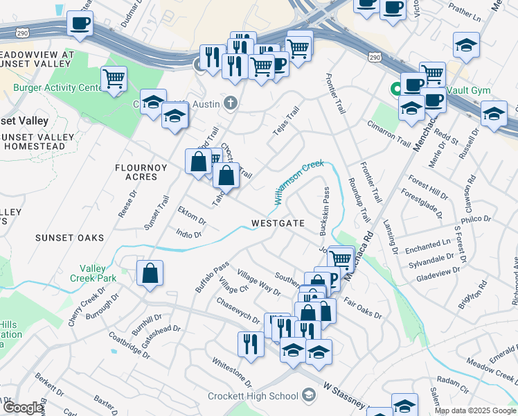map of restaurants, bars, coffee shops, grocery stores, and more near 2414 Jones Road in Austin
