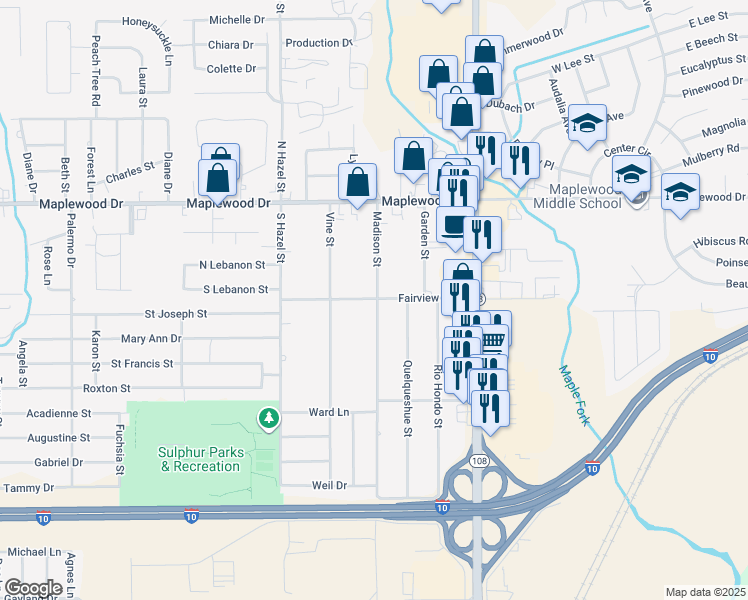 map of restaurants, bars, coffee shops, grocery stores, and more near 216 Madison Crossing in Sulphur