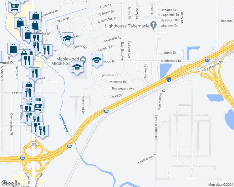 map of restaurants, bars, coffee shops, grocery stores, and more near 108 Cassy Drive in Sulphur