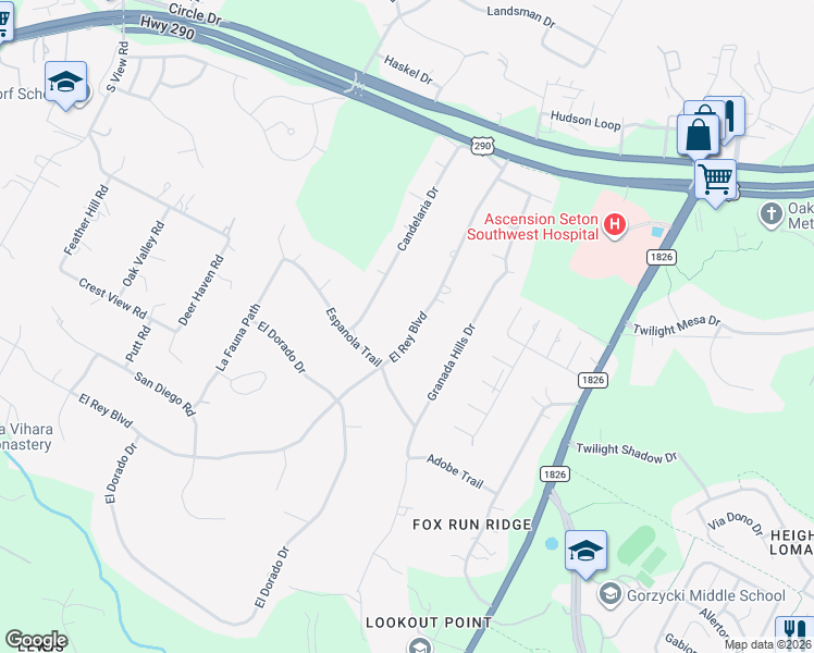 map of restaurants, bars, coffee shops, grocery stores, and more near 8902 El Rey Boulevard in Austin