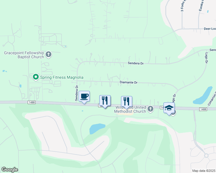 map of restaurants, bars, coffee shops, grocery stores, and more near 9319 Diamante Drive in Magnolia