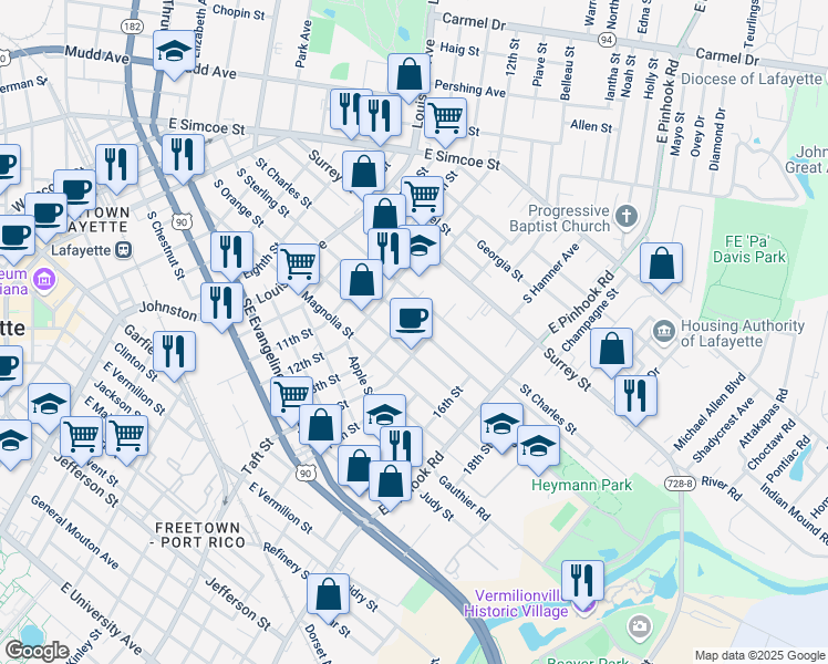 map of restaurants, bars, coffee shops, grocery stores, and more near 912 South Sterling Street in Lafayette