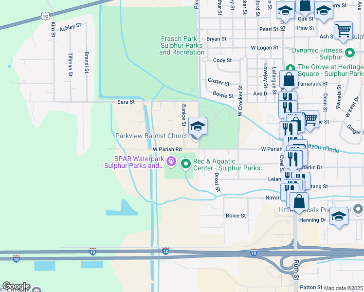 map of restaurants, bars, coffee shops, grocery stores, and more near 933 W Parish Rd in Sulphur